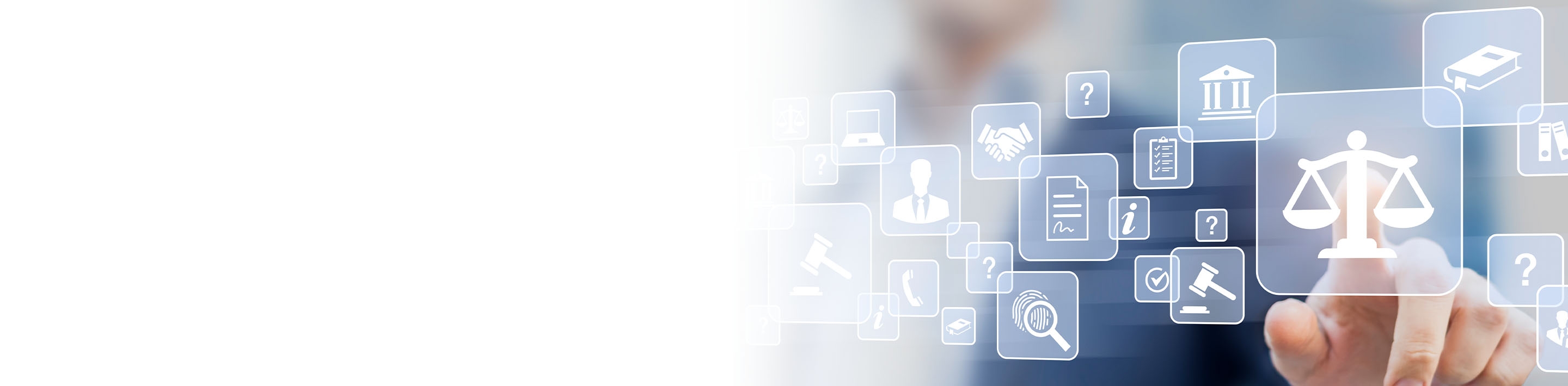 2880x710 left white gradient of legal advice service with professional person presenting consulting work for business contract and legislation, defense attorney, notary paperwork, court expert, concept with icons