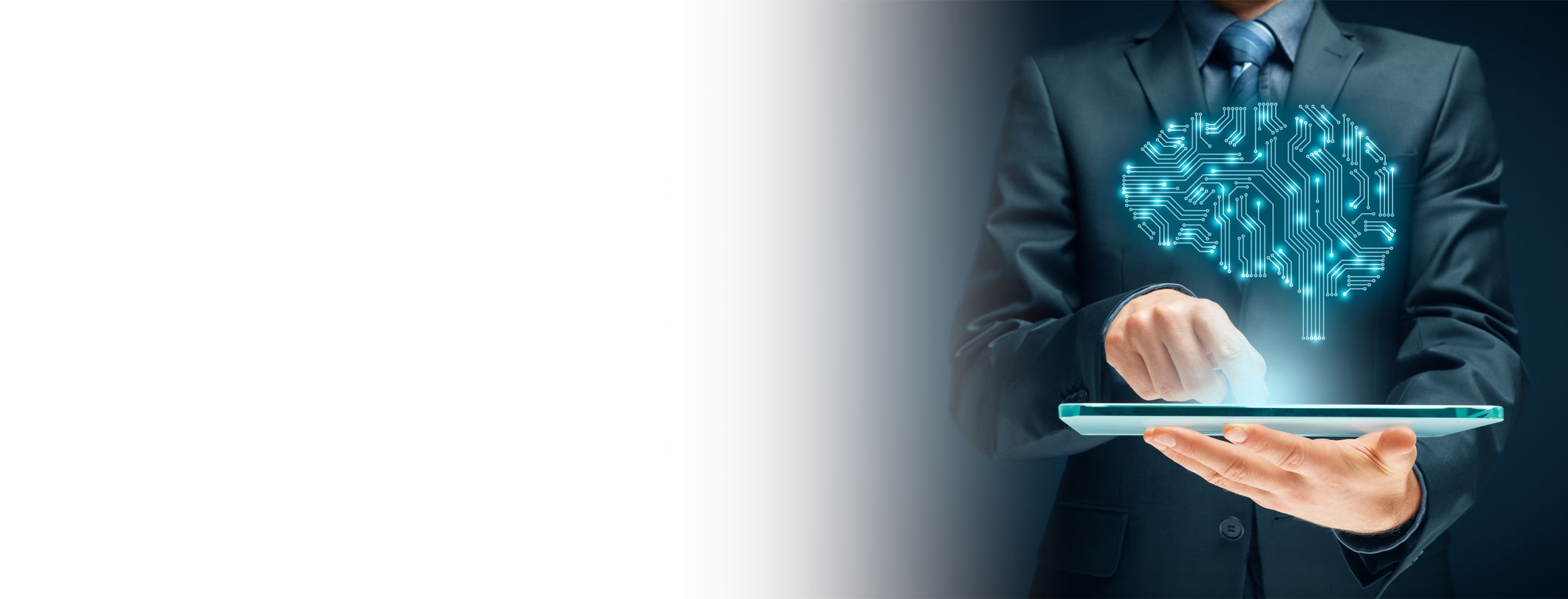 2880x1100 left gray gradient of  an artificial intelligence (AI), data mining, expert system software, genetic programming, machine learning, deep learning, neural networks and another modern computer technologies concepts. Brain representing artificial intelligence with printed circuit board (PCB) design.