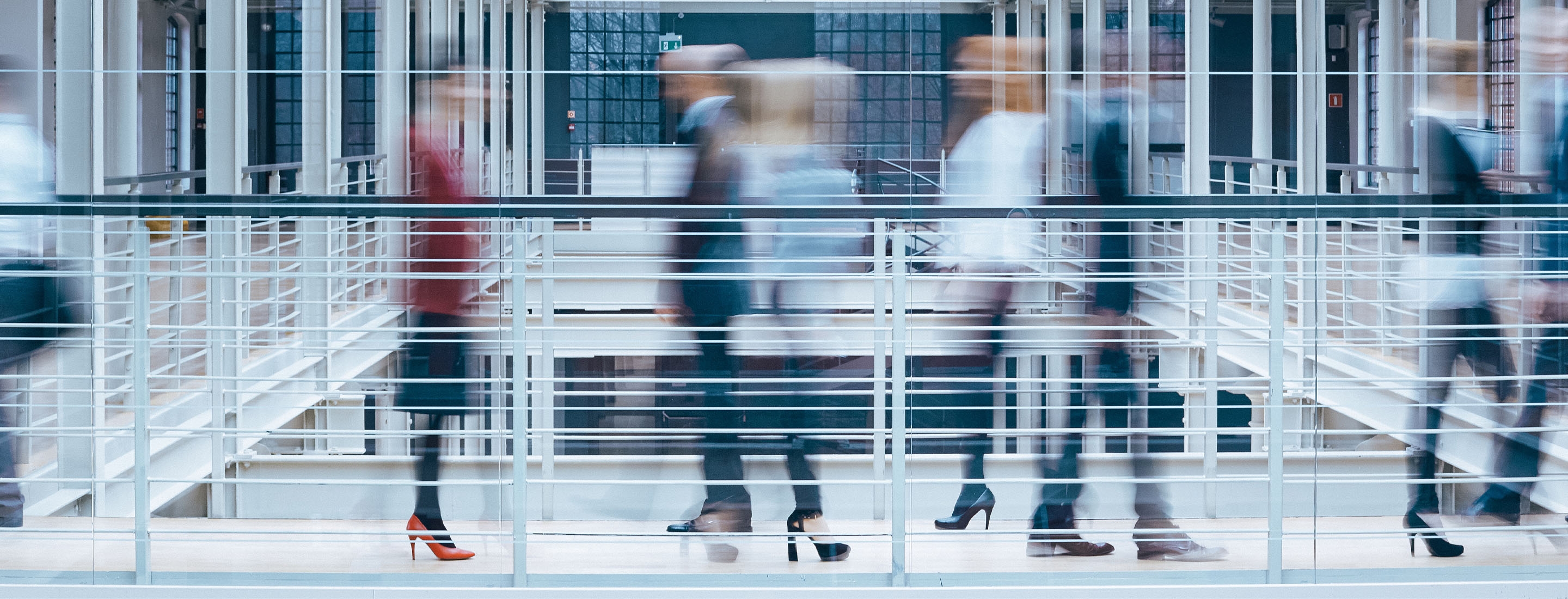 2880x1100 of people talking in office corridor, industrial interior, panorama