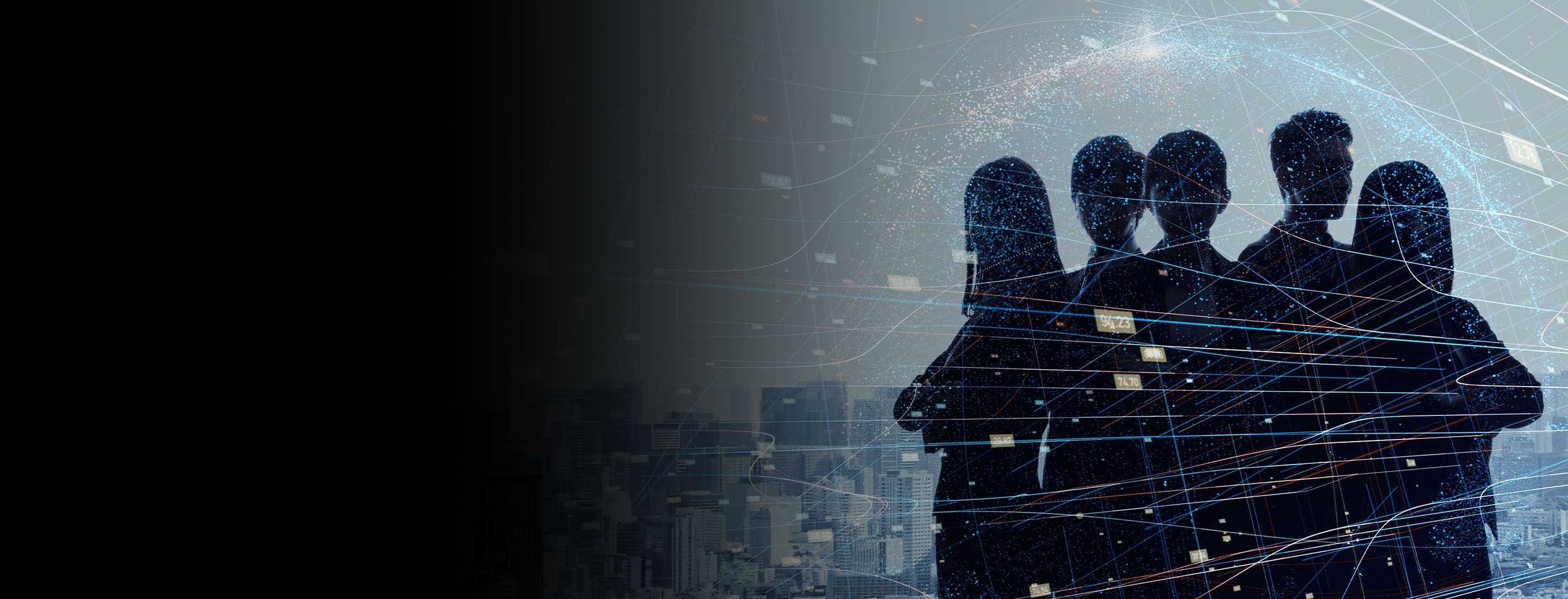 2880x1100 left black gradient of  a group of experts. Silhouette of five business persons