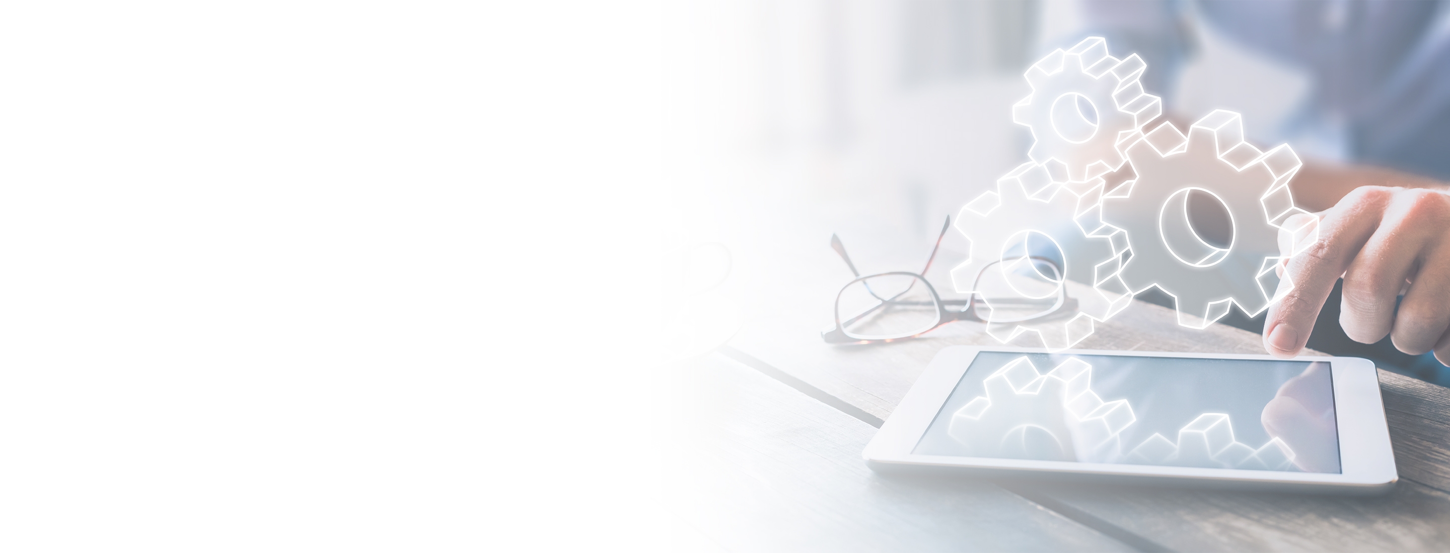 Cropped 2880x1100 flipped horizontal left white gradient of Business process management automation concept using internet technology and ERP (Enterprise Resource Planning) to improve productivity and efficiency, businessman touching computer screen, AR gears