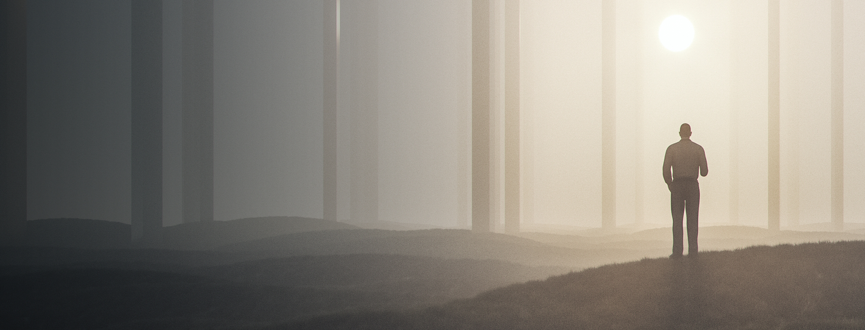 Lost businessman in foggy landscape with mirror columns.