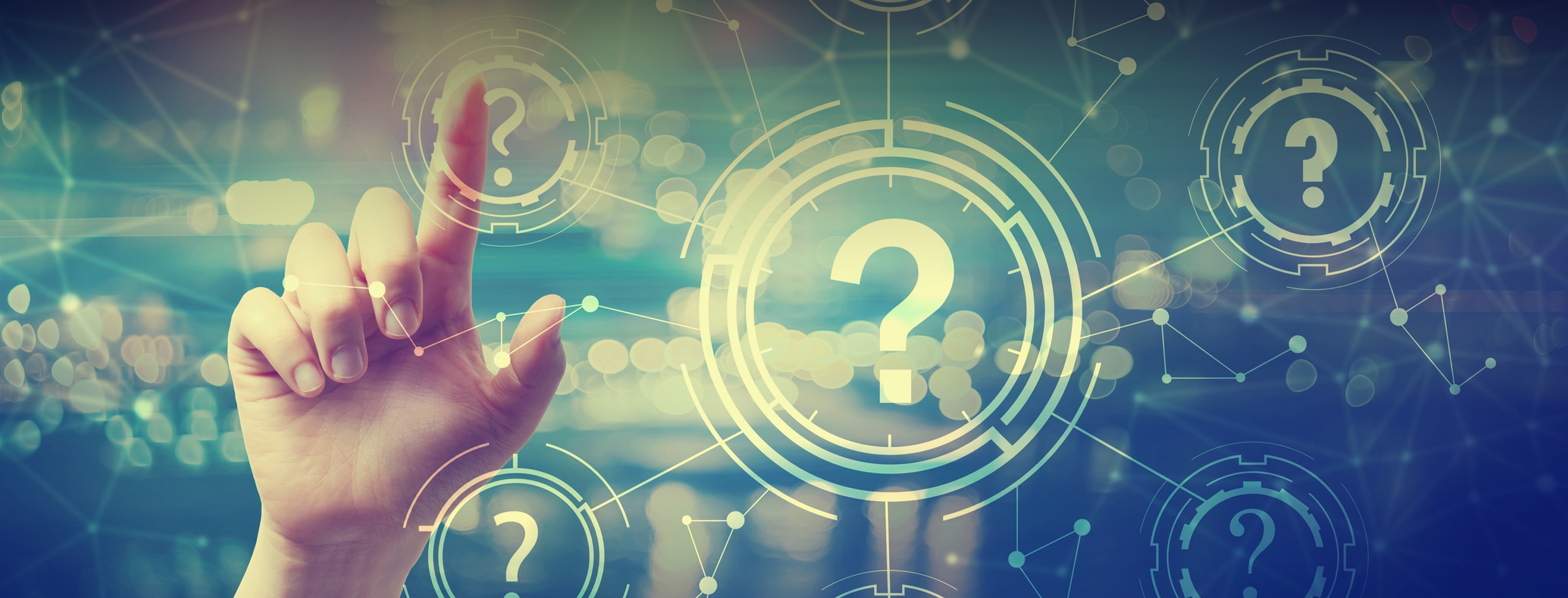 Cropped 2880x1100 of Question Marks with hand pressing a button at night