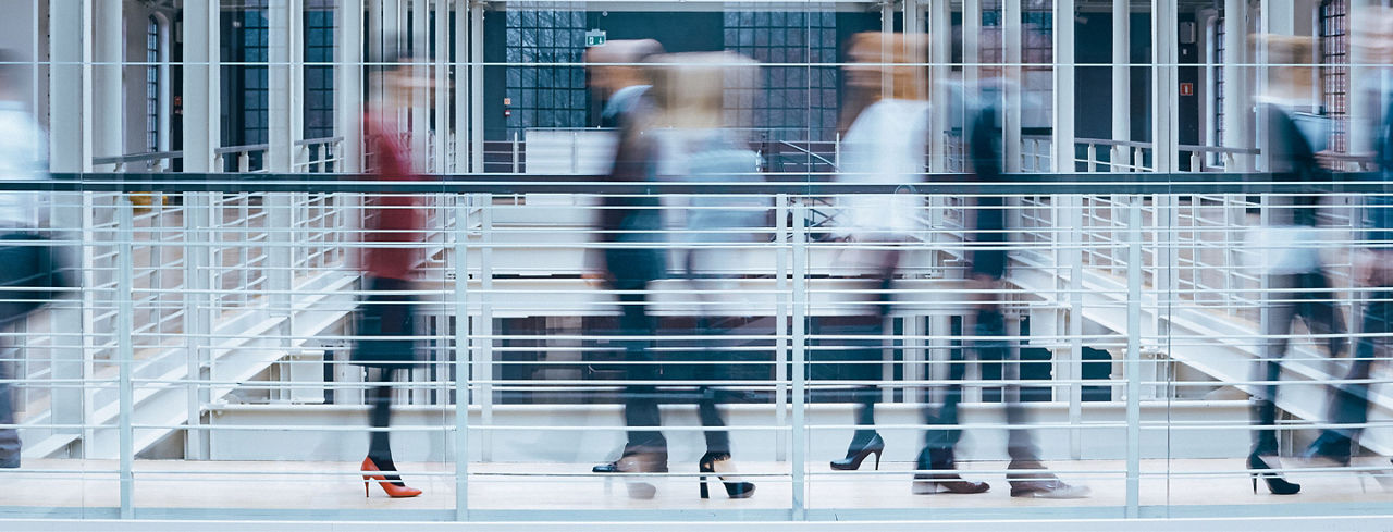 2880x1100 of people talking in office corridor, industrial interior, panorama