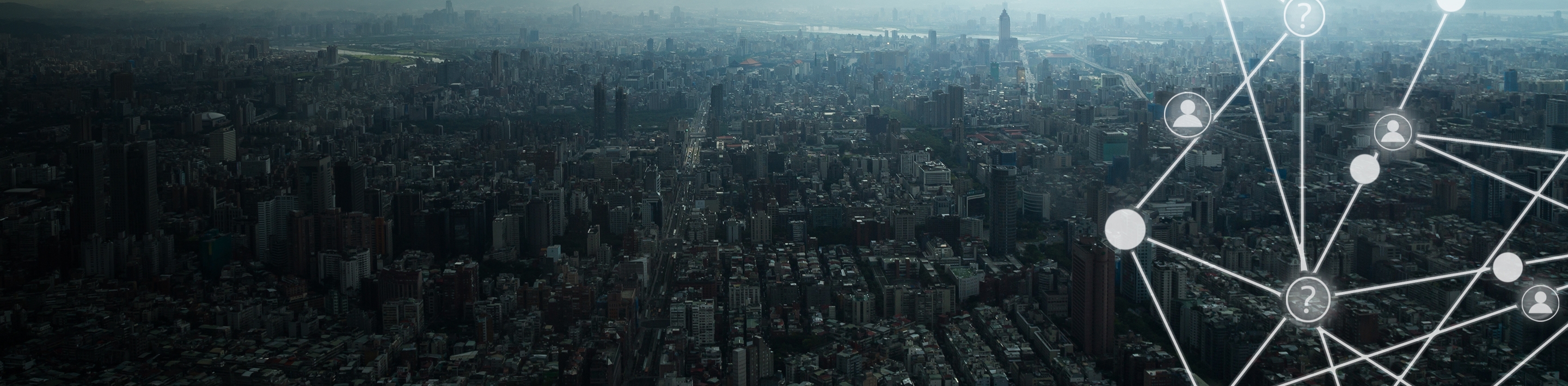 Aerial view of Taipei, Taiwan under a cloudy sky with node and person icon graphics