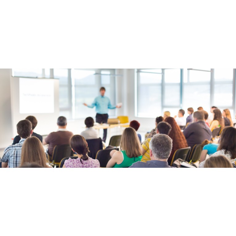 Speaker at business workshop and presentation. Audience at the conference room.