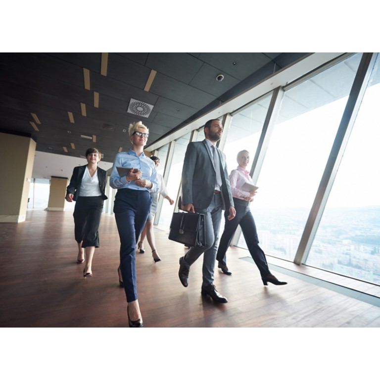 businesspeople  group walking at modern bright office interior