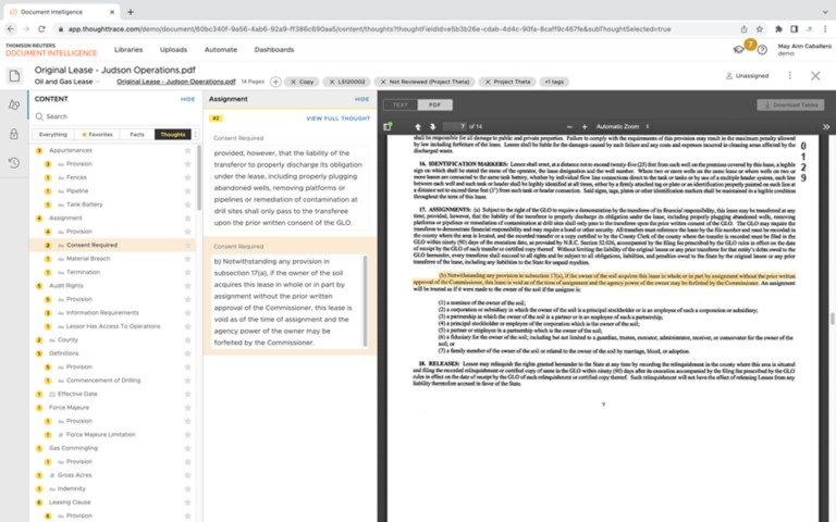 Example screenshot of Document Intelligence by Thomson Reuters