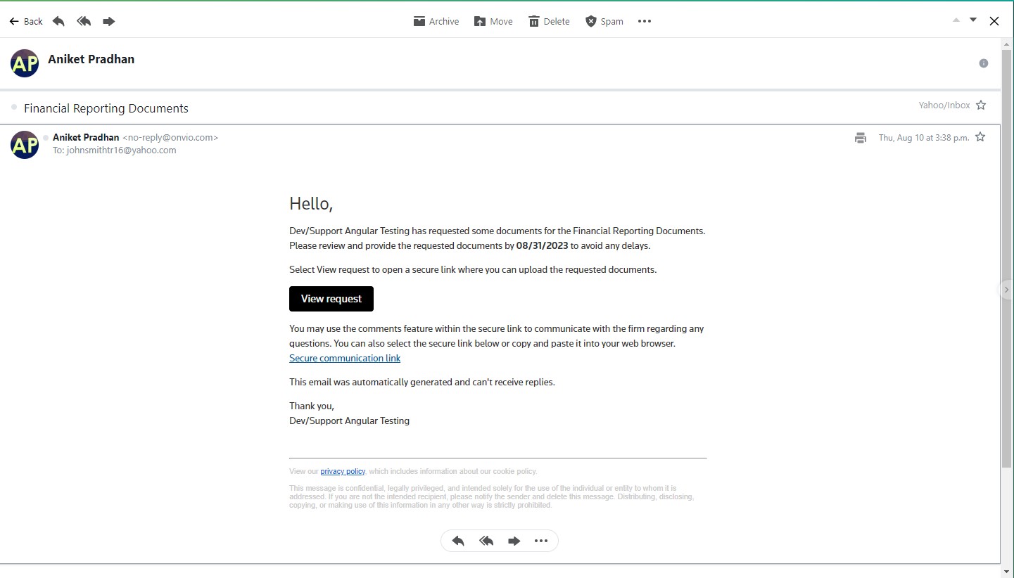 Client notification email