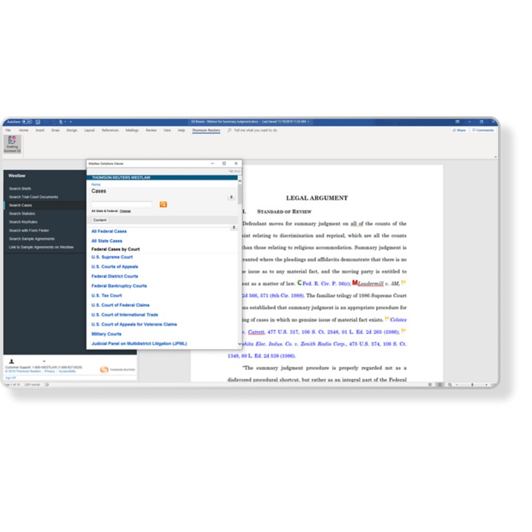 Easily search Westlaw within Drafting Assistant with a quick drop down menu