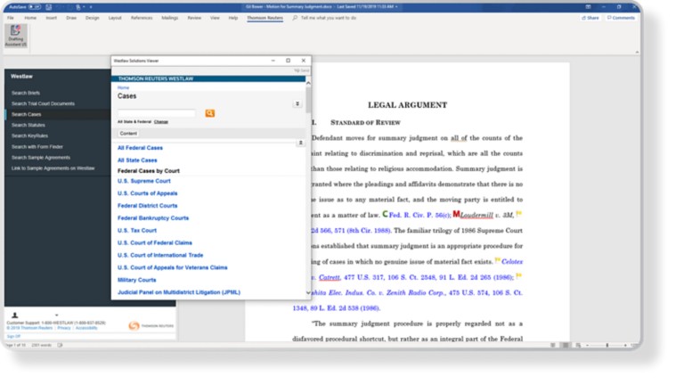 Easily search Westlaw within Drafting Assistant with a quick drop down menu