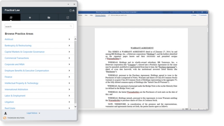 The Practical Law menu for Drafting Assistant in MS Word