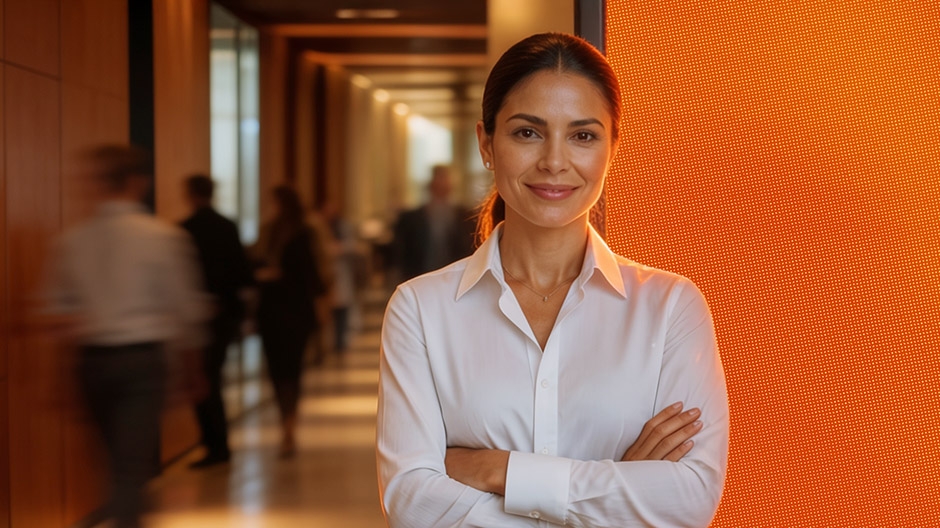 Mulher sorrindo porque utiliza HighQ no seu escritório