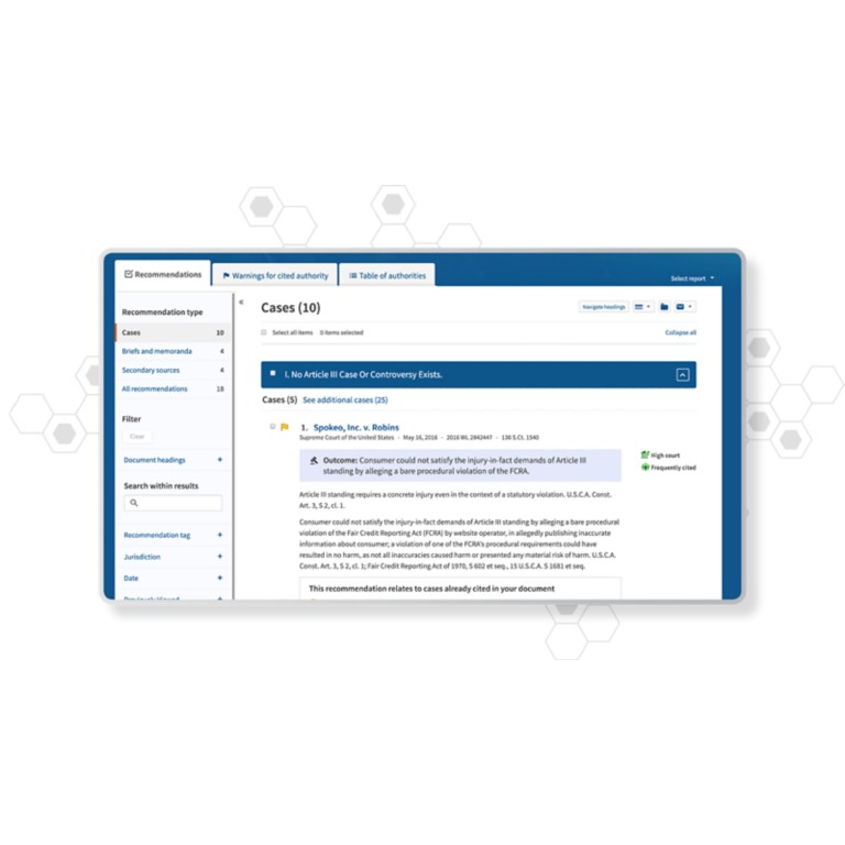 Westlaw Edge Screenshot showing cases related to a search.
