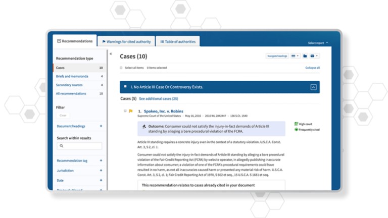 Westlaw Edge Screenshot showing cases related to a search.